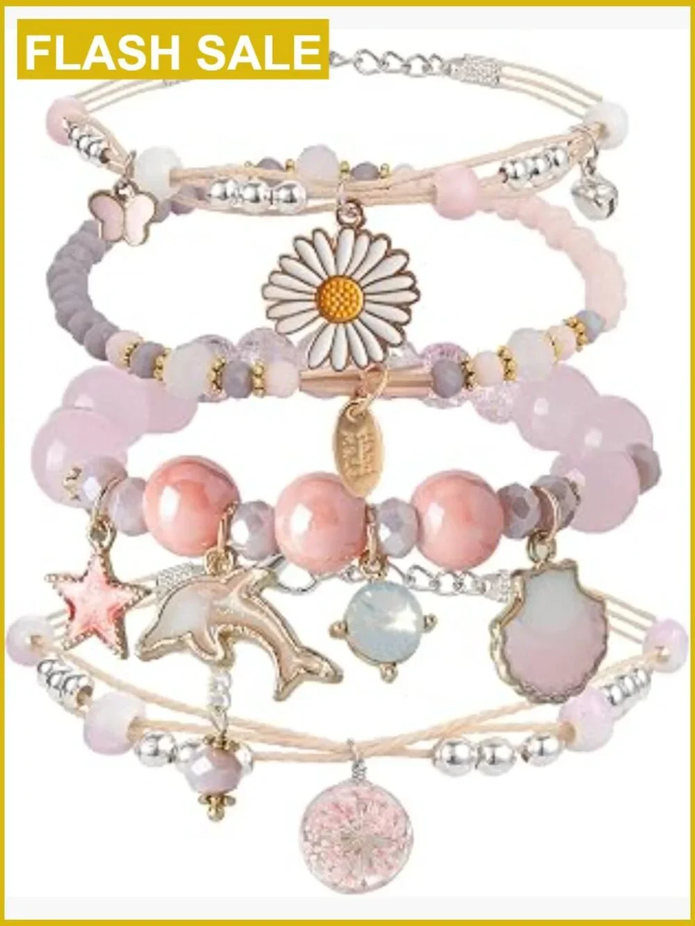 Beaded Charm Bracelet Set for Teen Girls - 4 Pack Stretch